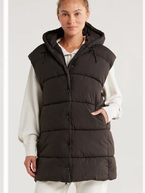 NWT ZELLA LONGLINE PUFFER VEST WITH HOOD 1X RETAIL $129